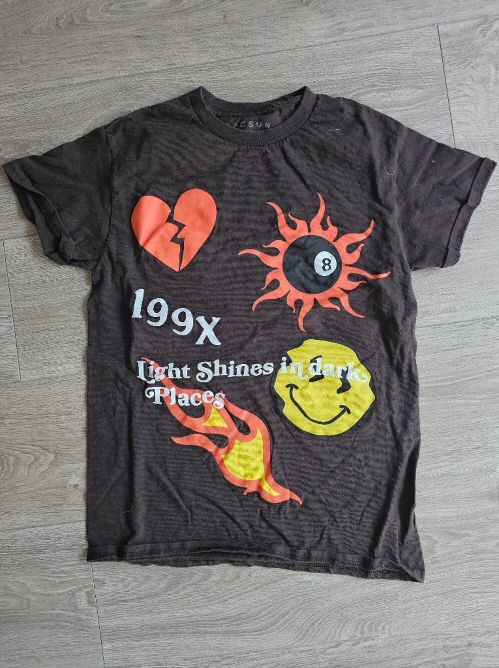 PacSun Brown Tee with Red Flames & Yellow Smile Graphic